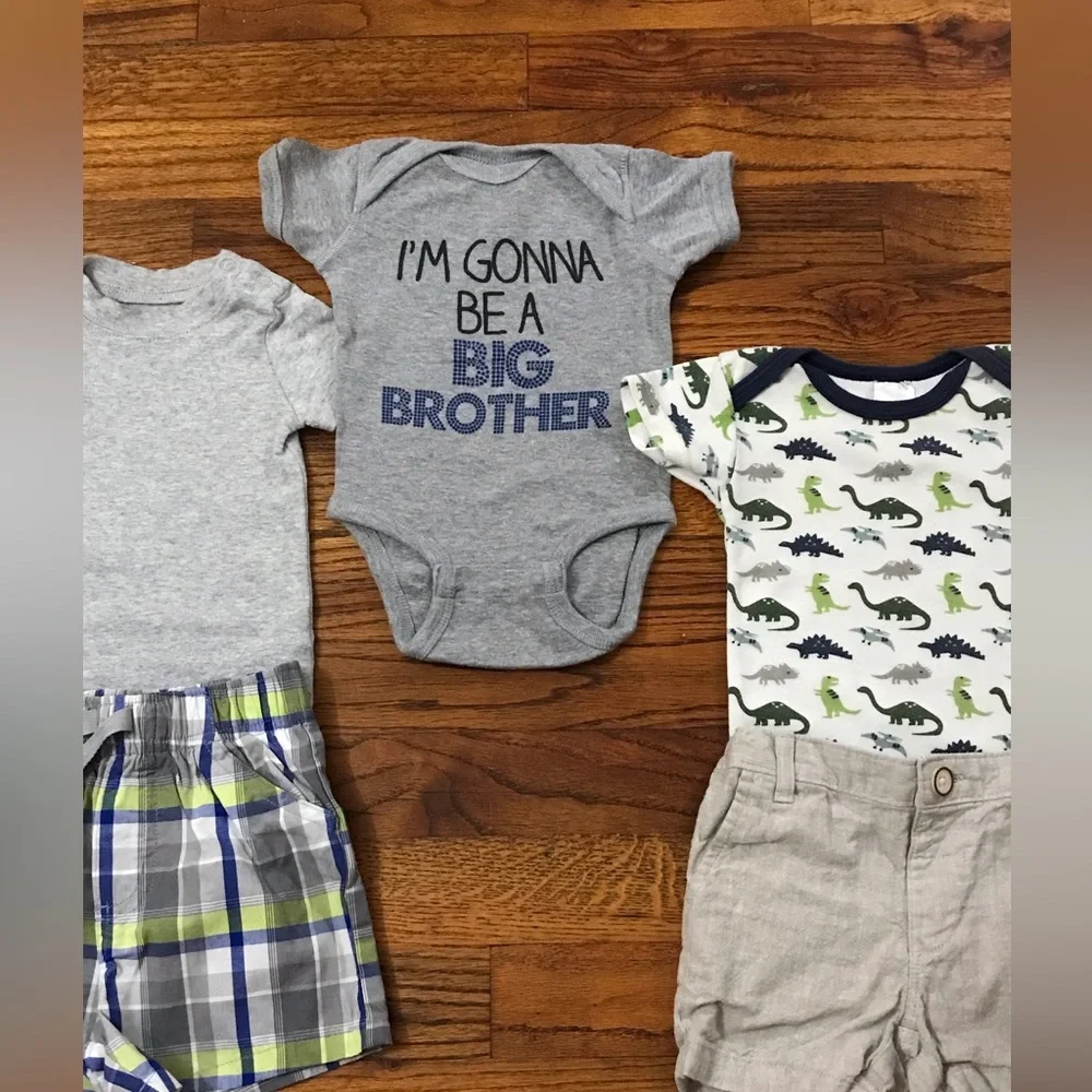 Baby Boy Onesies, Plaid Shorts & Beige Shorts Dinosaur I’m gonna be Big Brother